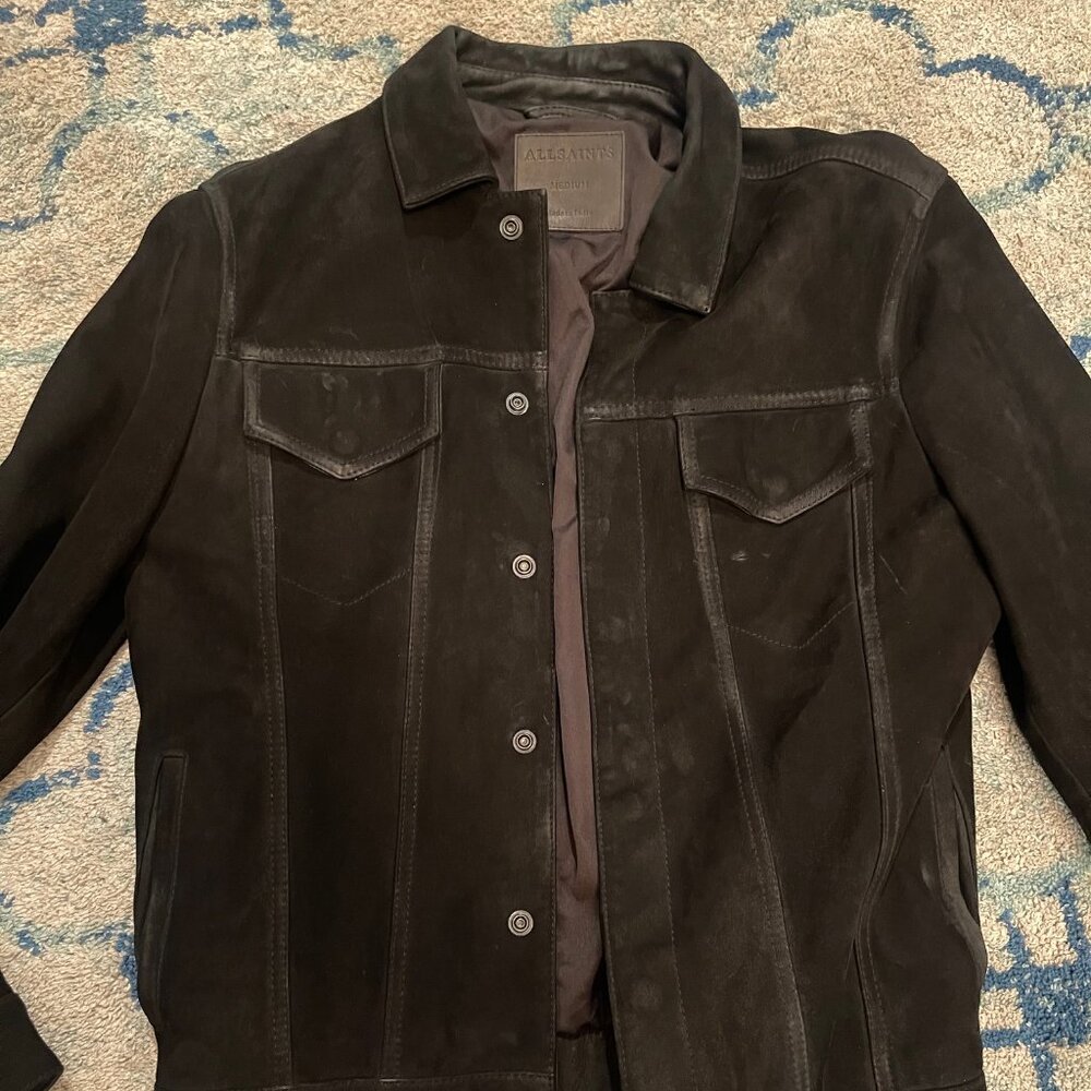 All Saints Black Suede Leather Trucker Jacket Men's Medium